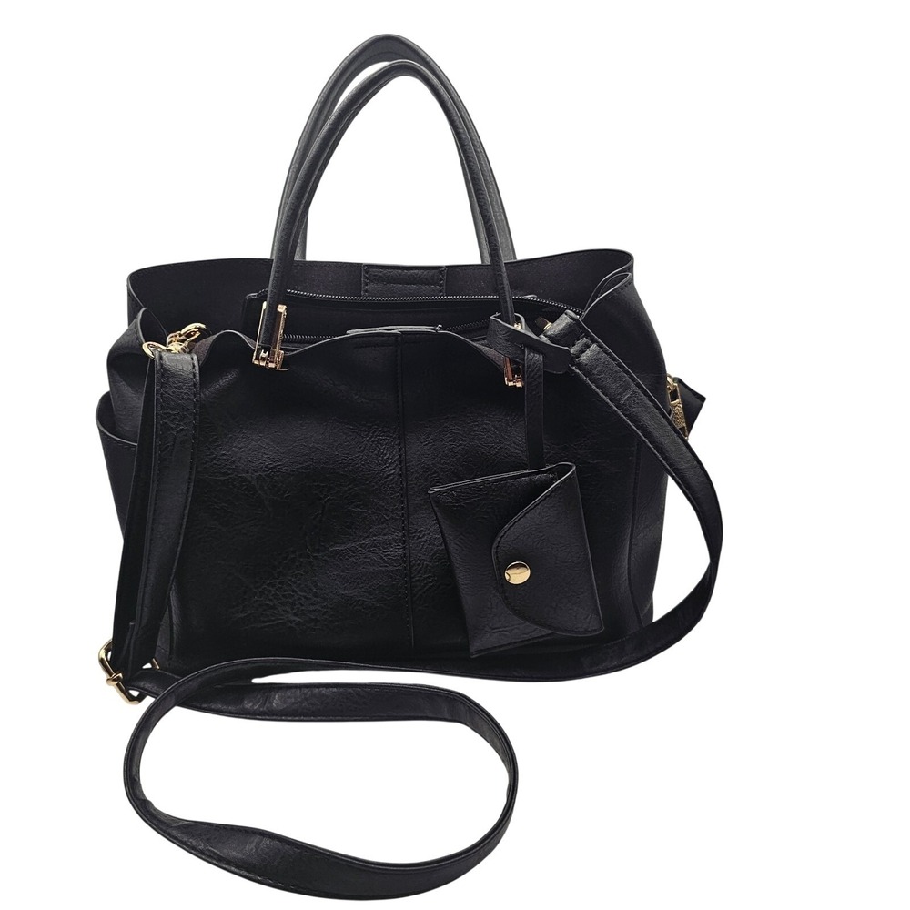 Womens Black Tote Handbag Crossbody Three division side pockets removable straps - Picture 2 of 11